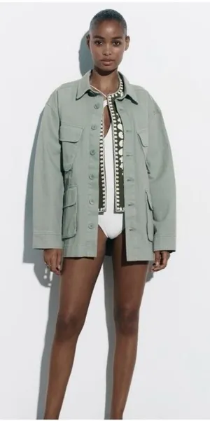 NWT ZARA Women's The Utility‎ Oversized Shirt Chore Jacket XS Green Utility Chic thumbnail 1