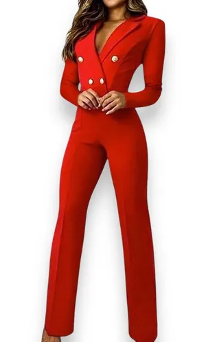 ChicMe Long Sleeve V Neck Red Jumpsuit thumbnail 1