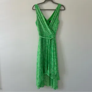 DKNY Lime Green White Chiffon Sleeveless Faux Wrap V Neck Fit & Flare Midi Dress thumbnail 3