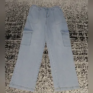 Madden Girl Blue Denim Cargo Jeans Medium Y2K Baggy Wide Leg Cyber thumbnail 5