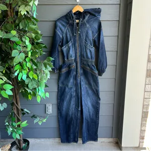 We The Free Women's Blue Denim Hooded Utility Long Sleeve Jumpsuit Size S thumbnail 2