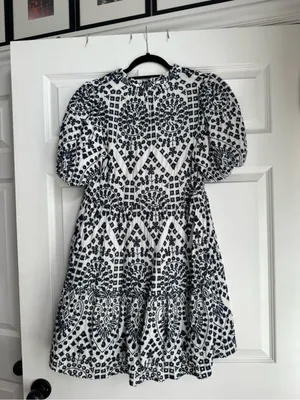 Embroidered Navy and White Tiered Mini Dress thumbnail 2