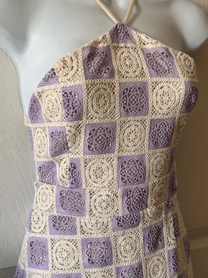 Anthropologie FORE‎ COLLECTION Lilac/Cream Checkered Crochet Halter Dress Autumn Wedding Guest thumbnail 5