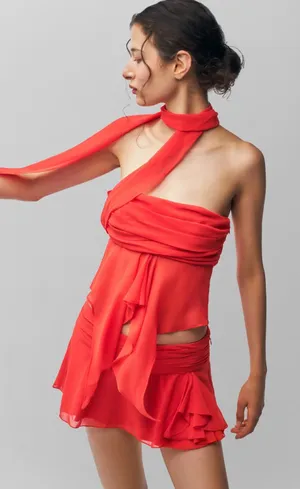 NEW Danielle Guizio Red Poppy Chiffon Wrap Around Ruffle Drape Crop Top Size XS thumbnail 1