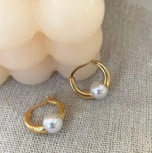 18K Gold Plated White Pearl Hoop Earrings for Women, Pearl Earrings thumbnail 1