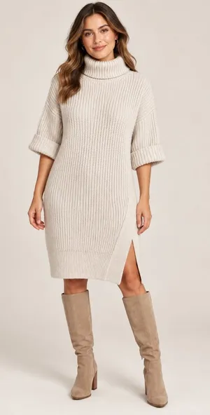 MOTH Anthropologie Chunky Knit Turtleneck Sweater Dress Side Slit Wool Blend Sm thumbnail 1
