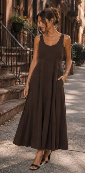 NWT Rachel Zoe Brown Sleeveless Maxi Dress with Pockets Empire Waist XS Satin thumbnail 1