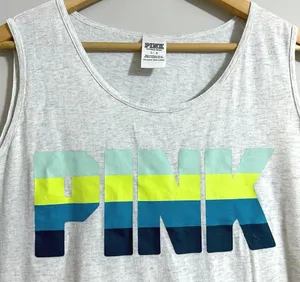 Victorias Secret PINK Grey Muscle Tank Top Women L Ombre Green Blue Logo Graphic thumbnail 2