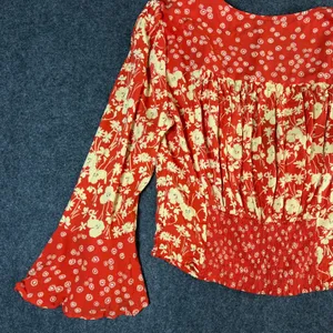 Free People Red Floral Mixed Print Blouse Flared Sleeve Smocked Back L Boho NWT thumbnail 11