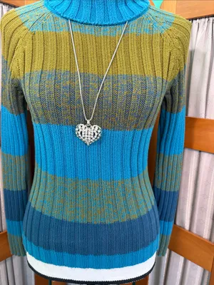 Cozy Striped Cowl Neck Sweater in Teal and Olive thumbnail 3