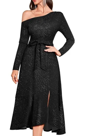 NEW Plus Size Shimmer Formal 1 Shoulder Cocktail Evening Midi Dress S thumbnail 1