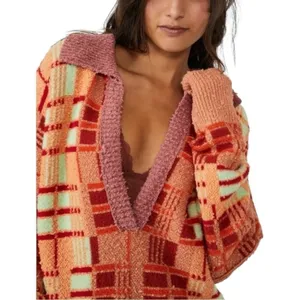 Free People Ruben Oversized Textured Plaid Collared Sweater‎ Boho Pullover M thumbnail 2