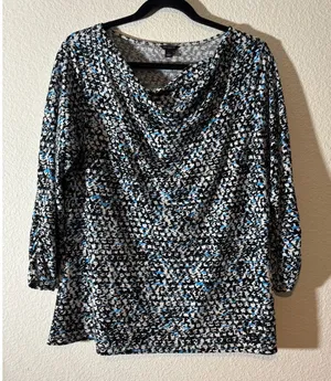 Ann Taylor Women's Size L Blue Black Abstract Cowl Neck 3/4 Sleeves Blouse Top thumbnail 1