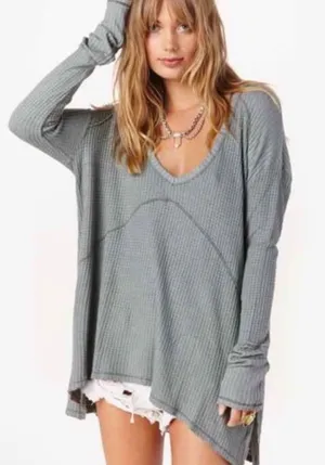 Free People Blue Gray Sunset Park Drippy Thermal Waffle Knit Oversized Shirt Top thumbnail 1