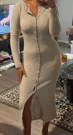 Abercrombie & Fitch Light Beige Ribbed Button-Front Midi Dress thumbnail 1
