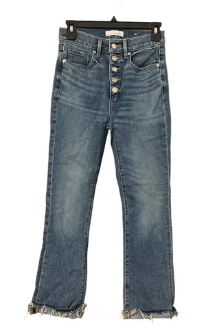 LOFT Jeans The Kick Crop Jeans Size 24/00 High Rise Cropped Flare Denim Raw Hem thumbnail 1