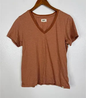 Pact Organic Cotton V-Neck Striped T-Shirt Rust Orange White Womens Medium thumbnail 1
