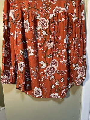 Loft Women's Size Large Petite Blouse Orange White Floral Button Down Ruffle‎ thumbnail 10