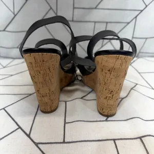 Express Wedge Sandals 10 Black Cork Platform‎ Strappy Buckle Heels nwt thumbnail 3