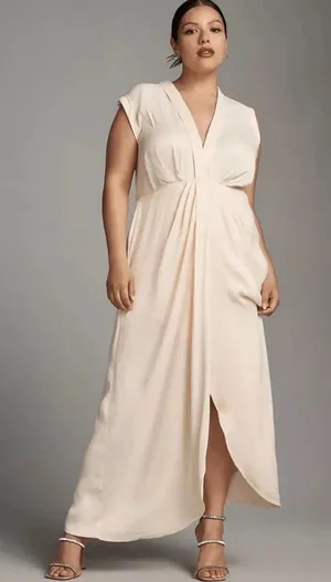 Anthropologie Sleeveless V-Neck Twist-Front Satin Dress Size 2 XS Ivory Maxi thumbnail 1