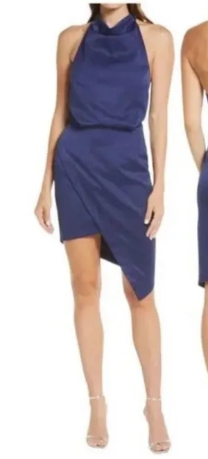 NWT Elliatt Navy Satin Asymmetrical Halter Mini Dress thumbnail 1