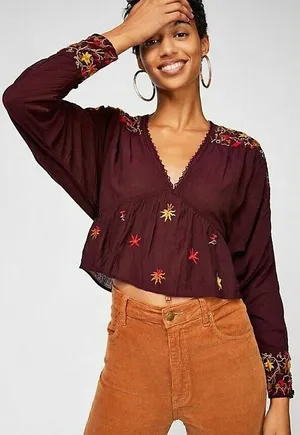 Free‎ People Ava Embroidered V-Neck Pullover Top M thumbnail 1