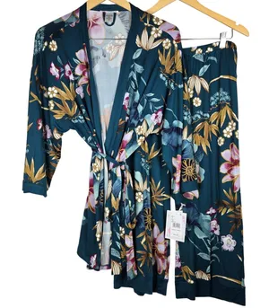Linea Donatella Teal Floral Robe & Pants MHK197 Large NWT Pajama Set thumbnail 1