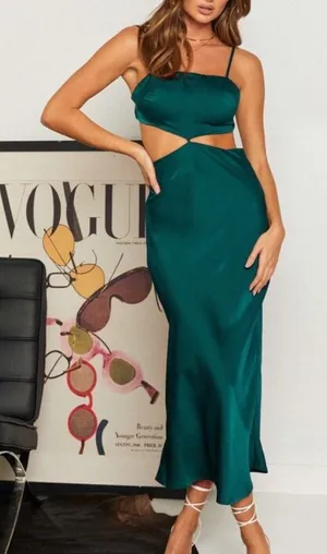 Beginning boutique forgiveness cut out satin dress in emerald thumbnail 1