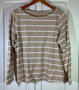 Old Navy Womens LS Mariner Tee Tan White Striped Boat Neck Cotton Top L Nautical thumbnail 1