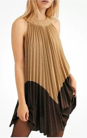 Free People Pleated Love Trapeze Mini Dress Metallic Gold Brown XS thumbnail 1