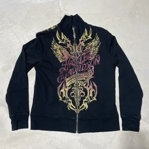 Y2K Harley Davidson Women's SZ L Sweatshirt Black Collar Applique Zip AOP thumbnail 1
