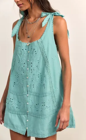 Free People Penelope Mini Dress in Wasabi Sauce Blue New w/ Flaw thumbnail 1