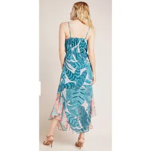 Farm Rio Anthropologie Ruffled Botanical Maxi Dress Tropical Teal‎ Pink Small thumbnail 4