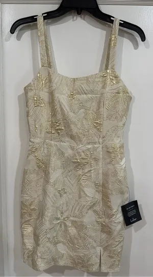 Lulu's Cream and Gold Floral Brocade Mini Dress perfect for birthday or party thumbnail 1
