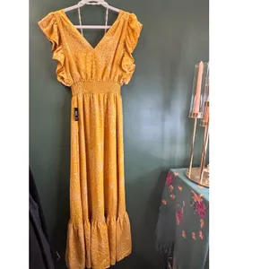 Express Maxi‎ Dress XS Yellow NWT Flutter Sleeve Smocked Waist Slit thumbnail 4