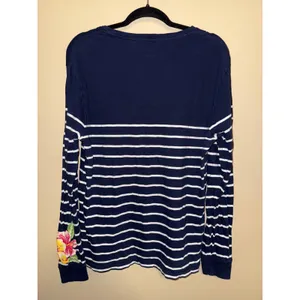 Polo Ralph Lauren Womens Navy Striped Floral Hibiscus Long Sleeve Top L Coastal thumbnail 4