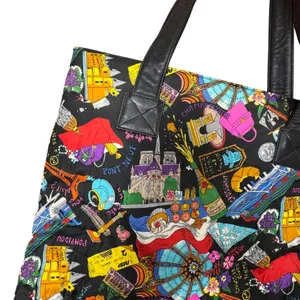 VTG 1991 Nicole Miller Paris France French‎ Themed 100% Silk Tote Bag Leather thumbnail 6