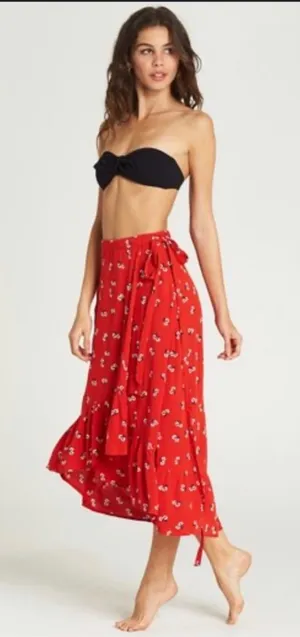 Billabong Dancing Till Dawn Red Floral Midi Wrap Skirt Size Medium thumbnail 1