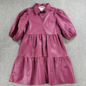 Karlie Womens Faux Leather Dress S Red Puff Sleeve Tiered Button Front Collared thumbnail 1