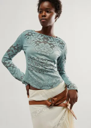Free People NWT wild roses top in steel sea. Size Medium thumbnail 1