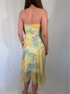 Whimsical Fairy Vintage Butter Yellow Strapless Butterfly Print Dress thumbnail 4