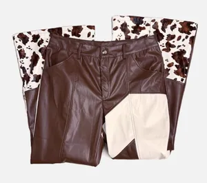 Ursime Western Cow Pattern PU Leather High Waist Bell Bottom Pants - Size XL thumbnail 1