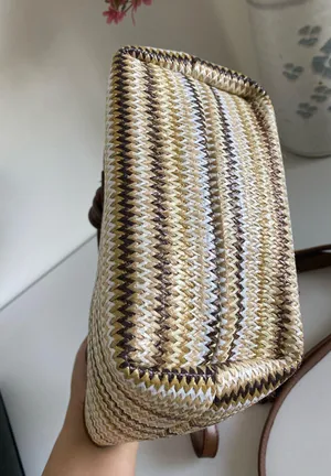 Women’s stylish beige brown handwoven Straw Fabric Tote crossbody shoulder Bag thumbnail 8