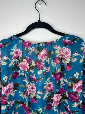Show Me Your Mumu Floral Blouse Tunic Teal Semi Sheer Romantic Whimsical USA Lg thumbnail 8