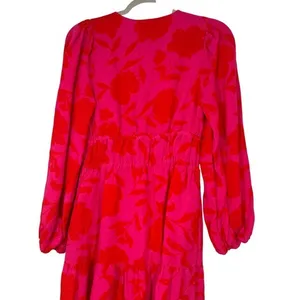 Kate Spade‎ x Target Vibrant Bright Red Pink Linen Blend Long Sleeve Midi Dress thumbnail 4
