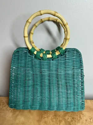 Zara Turquoise Woven Straw Tote Bamboo Ring Handles Beach Resort Handbag Boho thumbnail 1