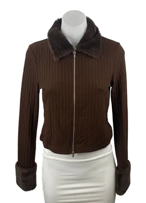 H&M Women's Brown Ribbed Knit Faux Fur Full Zip Cardigan Sweater Top Size M thumbnail 1