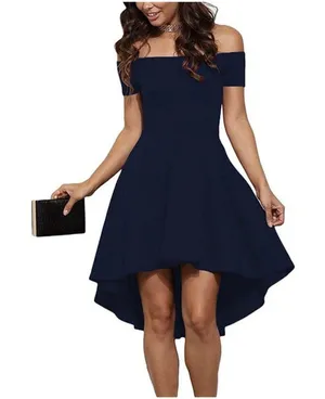 Sarin Mathews Off The Shoulder Dress Short Sleeve Navy Blue Asymmetrical Small thumbnail 1