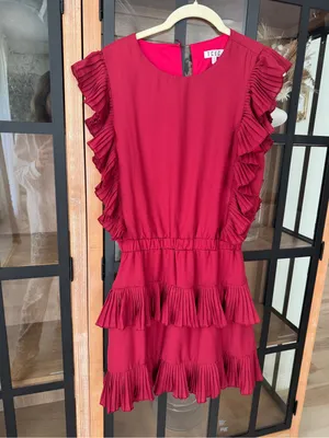 Shop The Mint TCEC Crimson ruffle tiered mini dress maroon a&m alabama pleated short sleeve thumbnail 4