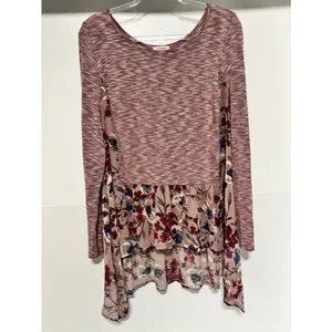 Umgee L Marled Knit Floral High Low Tunic Top Boho Babydoll Long Sleeve thumbnail 2